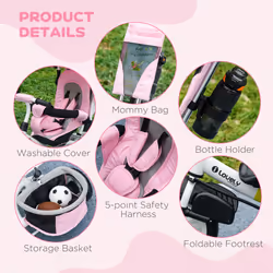HOMCOM 6 in 1 Kids Trike, Stroller with Parent Handle, Pink