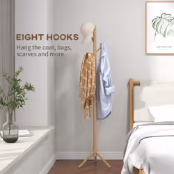 HOMCOM Coat Rack Bamboo Coat Stand with 8 Hooks for Handbags, Natural