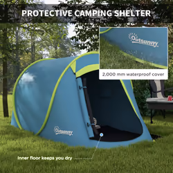 Outsunny Pop up Camping Tent for 2 Man, 2000mm Waterproof with Carry Bag, Blue