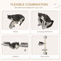 PawHut 4-Piece Cat Wall Furniture w/ Hammock, Ladder, Platforms - Grey