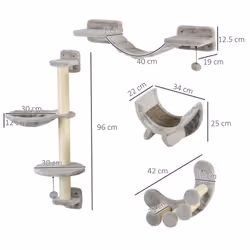 PawHut 4-Piece Cat Wall Furniture w/ Hammock, Ladder, Platforms - Grey - Additional view 8