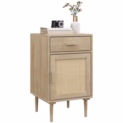 HOMCOM Bedside Table with Rattan Drawer, Cabinet and Adjustable Shelf, Natural