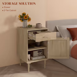 HOMCOM Bedside Table with Rattan Drawer, Cabinet and Adjustable Shelf, Natural - Additional view 4