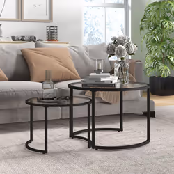 HOMCOM Glass Coffee Table Set of 2, Round Nest of Tables, Black