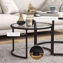 HOMCOM Glass Coffee Table Set of 2, Round Nest of Tables, Black - Additional view 4