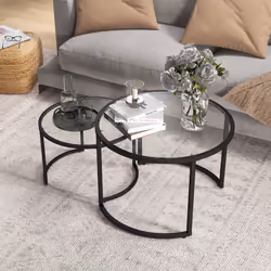 HOMCOM Glass Coffee Table Set of 2, Round Nest of Tables, Black - Additional view 5