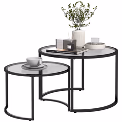 HOMCOM Glass Coffee Table Set of 2, Round Nest of Tables, Black - Additional view 8