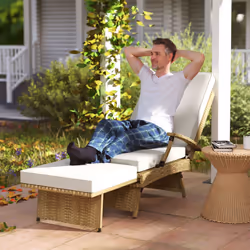 Outsunny Foldable Rattan Garden Recliner Chair w/ Cushion, Footrest - White