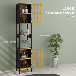 HOMCOM Tall Bathroom Cabinet Bamboo Bathroom Cupboard with Adjustable Shelves