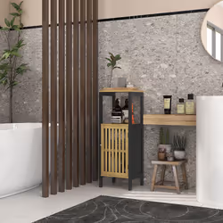 HOMCOM Bathroom Floor Cabinet Bamboo Bathroom Cupboard with Adjustable Shelf