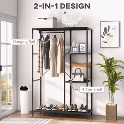 HOMCOM Coat Rack Stand with Hanging Rail and Storage Shelves for Hallway Black