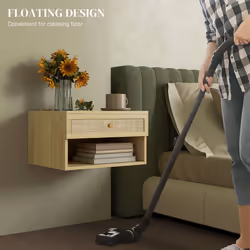 Floating Nightstands Set of 2 with Rattan Drawer and Storage Shelf for Bedroom - Additional view 7