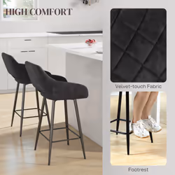 HOMCOM Bar Stools Set of 2 Velvet-Touch Fabric Counter Bar Chairs Dark Grey