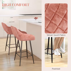 HOMCOM Bar Stools Set of 2, Velvet-Touch Fabric Counter Height Bar Chairs Pink