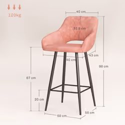 HOMCOM Bar Stools Set of 2, Velvet-Touch Fabric Counter Height Bar Chairs Pink - Additional view 8