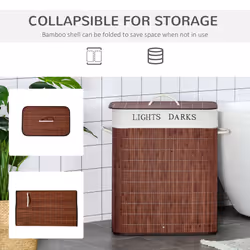HOMCOM 2 Section Collapsible Laundry Hamper Lid Removable Lining, Brown - Additional view 4