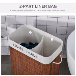 HOMCOM 2 Section Collapsible Laundry Hamper Lid Removable Lining, Brown - Additional view 5