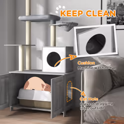 PawHut 2-in-1 Hidden Litter Box with Floor-To-Ceiling Cat Tree, Indoor - Grey