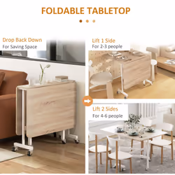 HOMCOM Drop Leaf Table with 6 Wheels Folding Dining Table, Oak
