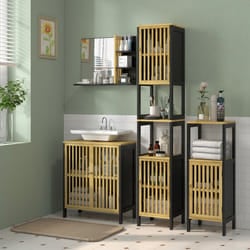 HOMCOM Under Sink Bathroom Cabinet, Bamboo Sink Storage Cabinet Slat Doors