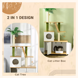 PawHut 2-in-1 Hidden Litter Box with Green Leaf Cat Tree, Indoor - Oak