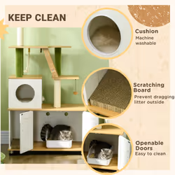 PawHut 2-in-1 Hidden Litter Box with Green Leaf Cat Tree, Indoor - Oak - Additional view 4