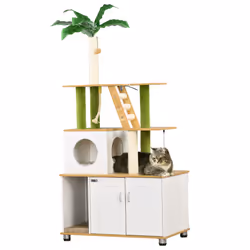 PawHut 2-in-1 Hidden Litter Box with Green Leaf Cat Tree, Indoor - Oak - Additional view 8