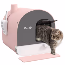 PawHut Cat Litter Box Kitten Litter Tray w/ Lid, Scoop, Filter, Flap Door, Pink - Additional view 8
