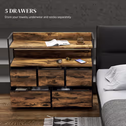 HOMCOM Bedroom Chest of Drawers 5 Drawer Dresser w/ Shelves, Rustic Brown - Additional view 6