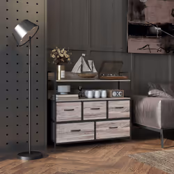 HOMCOM Bedroom Chest of Drawers 5 Drawer Dresser w/ Shelves, Grey Wood Effect