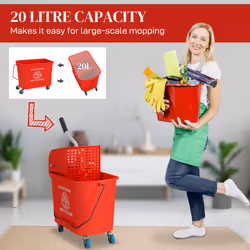 HOMCOM 20L Mop Bucket with Wringer Handle on Wheels for Floor Cleaning Red