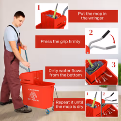 HOMCOM 20L Mop Bucket with Wringer Handle on Wheels for Floor Cleaning Red - Additional view 4