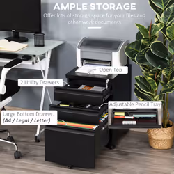 Vinsetto 3 Drawer File Cabinet, Lockable Metal Filling Cabinet, Black