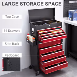 HOMCOM Rolling Tool Chest Lockable Roller Cabinet with with 14 Drawers Red
