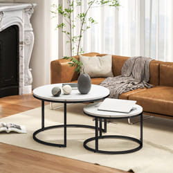 HOMCOM 2 Pcs Stacking Coffee Table Set Steel Frame, Marble-Effect White