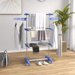 HOMCOM 3-Tier Large Clothes Airer Stainless Steel Clothes Drying Rack Blue