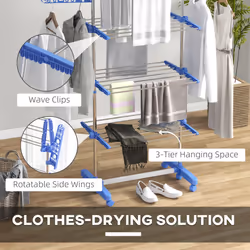 HOMCOM 3-Tier Large Clothes Airer Stainless Steel Clothes Drying Rack Blue
