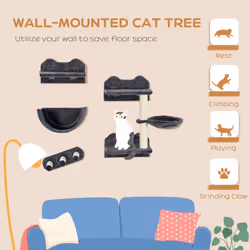 PawHut 4PCs Wall Mounted Cat Tree Cat Wall Shelves W/ Scratching Post Dark Grey