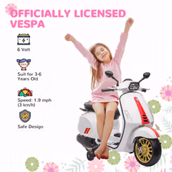 AIYAPLAY Vespa Licensed 12V Kids Electric Bike w/ 2 Training Wheels, White