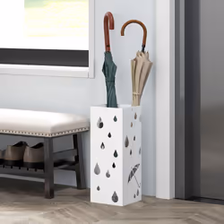 HOMCOM Metal Umbrella Stand, Square Umbrella Basket with 4 Hooks Drip Tray White