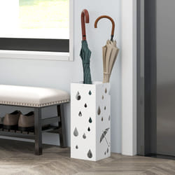 HOMCOM Metal Umbrella Stand, Square Umbrella Basket with 4 Hooks Drip Tray White