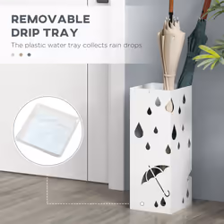 HOMCOM Metal Umbrella Stand, Square Umbrella Basket with 4 Hooks Drip Tray White - Additional view 5
