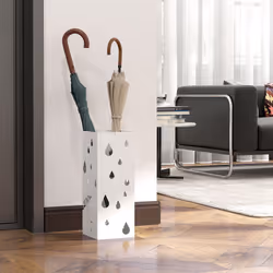 HOMCOM Metal Umbrella Stand, Square Umbrella Basket with 4 Hooks Drip Tray White - Additional view 6
