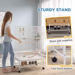 PawHut Bird Cage with Stand, Wheels, Toys, for Budgies, Finches, White - Additional view 5