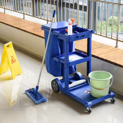 HOMCOM Cleaning Cart On Wheels, Housekeeping Trolley w/ 3 Tier Shelves, Blue