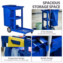 HOMCOM Cleaning Cart On Wheels, Housekeeping Trolley w/ 3 Tier Shelves, Blue