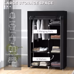 HOMCOM Fabric Wardrobe w/ Shelves Hanging Rail Foldable Closets Black