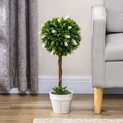 HOMCOM Set of 2 Potted Artificial Plants Ball Tree with Flowers, White - Additional view 4