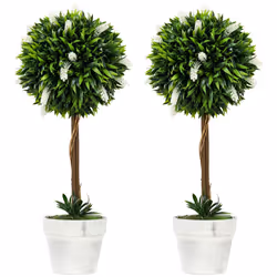 HOMCOM Set of 2 Potted Artificial Plants Ball Tree with Flowers, White - Additional view 8