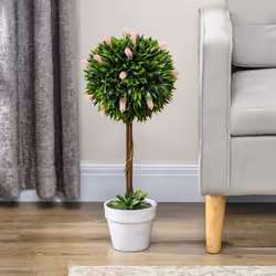 HOMCOM Set of 2 Potted Artificial Plants Ball Tree with Flowers, Pink - Additional view 4